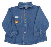 Modrá rifľová košeľová bunda s číslami a medvěďom