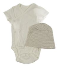 2set - Smetanové zavinovací body + smetanovo-béžová pruhovaná bavlněná čepice H&M