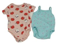 2x body - světlemodré s palmami + světlerůžové s jablky 