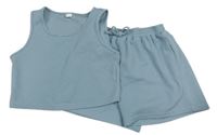 2 set - Šedomodrý rebrovaný crop top + kraťasy Shein