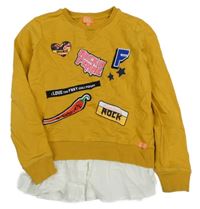 Okrová lehká mikina s nášivkami a volánkem 