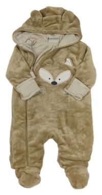 Hnědá chlupatá podšitá kombinéza s medvědem a kapucí Topomini
