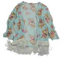 Světlezeleno-růžový květovaný lehký cardigan s třásněmi Bluezoo