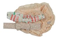 3set - Meruňkové kalhotky na plenku s tylem + pudrová čelenka so srdíčky + bílá vzorovaná