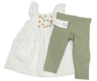 2set - khaki legíny + Bílá pruhovaná šatová tunika s květy F&F