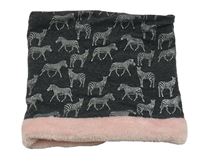 Tmavošedo-růžový zateplený nákrčník so zebrami