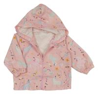 Svetloružová šušťáková jarná bunda s jednorožcami a obrázkami a kapucňou Shein