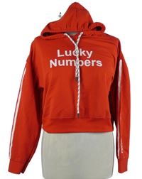 Dámska červená crop mikina s nápismi a kapucňou