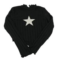 Čierne rebrované úpletové crop tričko s hviezdou Shein