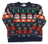 Tmavomodro-farebný sveter so sněhuláky a stromky Lily & Dan
