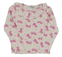 Smotanové rebrované crop tričko s ružovymi jednorožci a hviezdičkami a volánikom Kiki&Koko