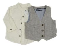 Nové - 2set - Biela košile + hnedo-modrá melírovaná vesta Next