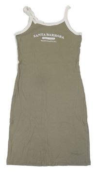 Khaki rebrované šaty s nápisom a bílým lemem New Look