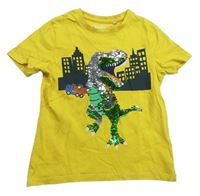 Žlté tričko s dinosauram z flitrů C&A