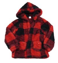 Čierno-červený kockovaný chlpatý cardigan s kapucňou Shein
