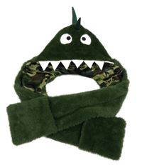 Tmavozelená kožešinová podšitá čepice se šálou - dinosaurus Matalan