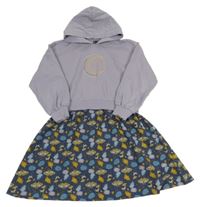 Levandulovo-modré teplákovo/lehké šaty se sluníčkem a kapucí 