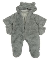 Šedá kožešinová podšitá kombinéza s kapucí + rukavice Mothercare