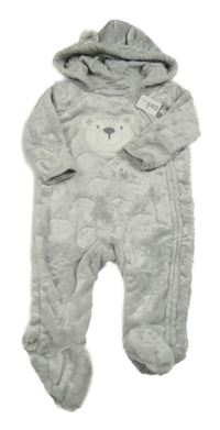 Sivá chlpatá kombinéza s medvedíkom a kapucňou Baby Mack