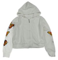 Bílá propínací crop mikinan s motýly a kapucňou