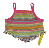 Nové - Farebný pruhovaný háčkovaný crop top s bambulkami