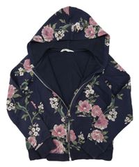 Tmavomodrá květovaná propínací mikina s kapucí H&M