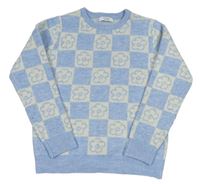 Světlemodro-biely kockovaný melíroavný sveter s kvetmi PRIMARK