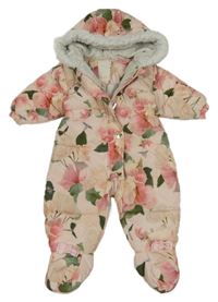 Svetloružová prešívaná šušťáková zimná kombinéza s růžemi a kapucňou s kožešinou zn. Ted Baker