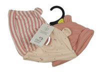 Nové - 3x - Čepice s oušky - Růžovo/bílá pruhovaná, světlepudrová puntíkatá s kytičkami, růžová F&F