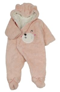 Svetloružová kožušinová zateplená kombinéza s medvedíkom a kapucňou s uškami
