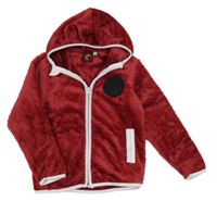 Tmavočervená plyšová bunda s nášivkou a kapucňou s uškami