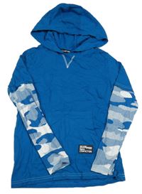 Petrolejovo-army triko s kapsou a nášivkou a kapucí bpc