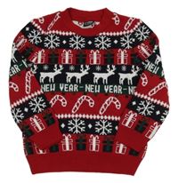 Tmavočerveno-čierno-smaragdový pletený vianočný sveter s obrázkami LC WaIKIKI