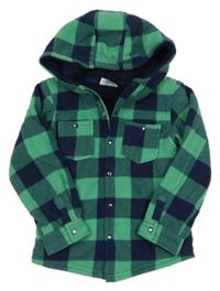 Zeleno-tmavomodrá kockovaná fleecová zateplená košeľová bunda s kapucňou huLLabaLOO