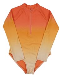 Jahodovo-oranžovo-žluto-světlebroskvové plavky s UV ochranou a nápisy M&S