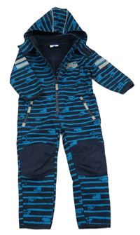 Tmavomodro-modrá pruhovaná softshellová kombinéza se stavebními stroji a kapucí Topilino