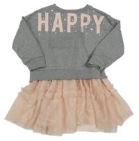 Šedo-broskvové teplákovo/tylové šaty s nápisem a pecičkami a kanýrkem Tu