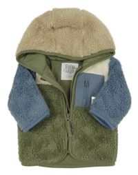 Khaki-smetanovo-modrá huňatá podšitá bunda s nášivkou a kapucí F&F