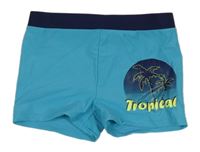 Modro-tmavomodré nohavičkové plavky s palmami a nápisem