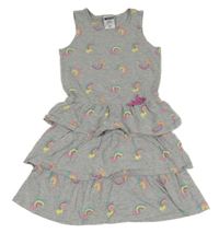 Sivé melírované šaty s duhami a jednorožcami a volánikmi POCOPIANO