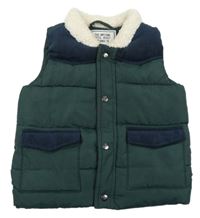 Tmavokhaki/tmavomodrá prošívaná šusťáková zateplená vesta s huňatým límečkem Matalan