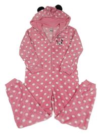 Růžovo-bílá puntíkatá plyšová kombinéza s Minnie a kapucí C&A