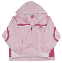 Ružovo-biela šušťáková jarná bunda s pruhmi a výšivkou s kapucňou