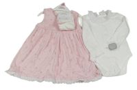 3set - Růžové květované laclové šaty + bílé body s límečkem s madeirou + punčocháče Nutmeg