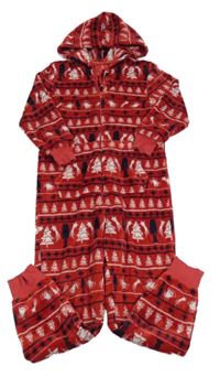 Červená vzorovaná chlupatá kombinéza se stromky a kapucí ThreadBare