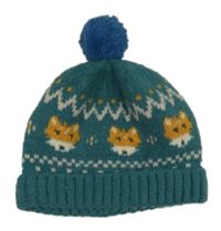 Zelená pletená vzorovaná čapica s liškami a brmbolcom