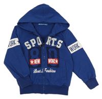 Tmavomodrá prepínaci mikina s nápisom a kapucňou