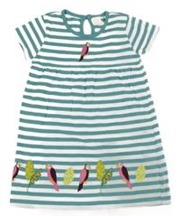 Tyrkysovo-biele pruhované bavlnené šaty s papoušky Alana