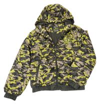 Hnědo-khaki-limetková army šusťáková podzimní bunda s číslem a kapucí Y.F.K.
