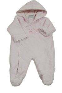 Svetloružová zamatová zateplená kombinéza s medvěďom a kapucňou